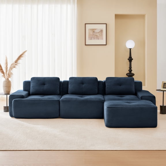 117" Modern L-Shaped Modular Sectional Sofa for Living Room, Corduroy Fabric,3-Seater Couch with Deep Seat and Movable Ottoman, Pearl-like Piping, Tufted Design, No Assembly, Anti-slip Design (Blue)