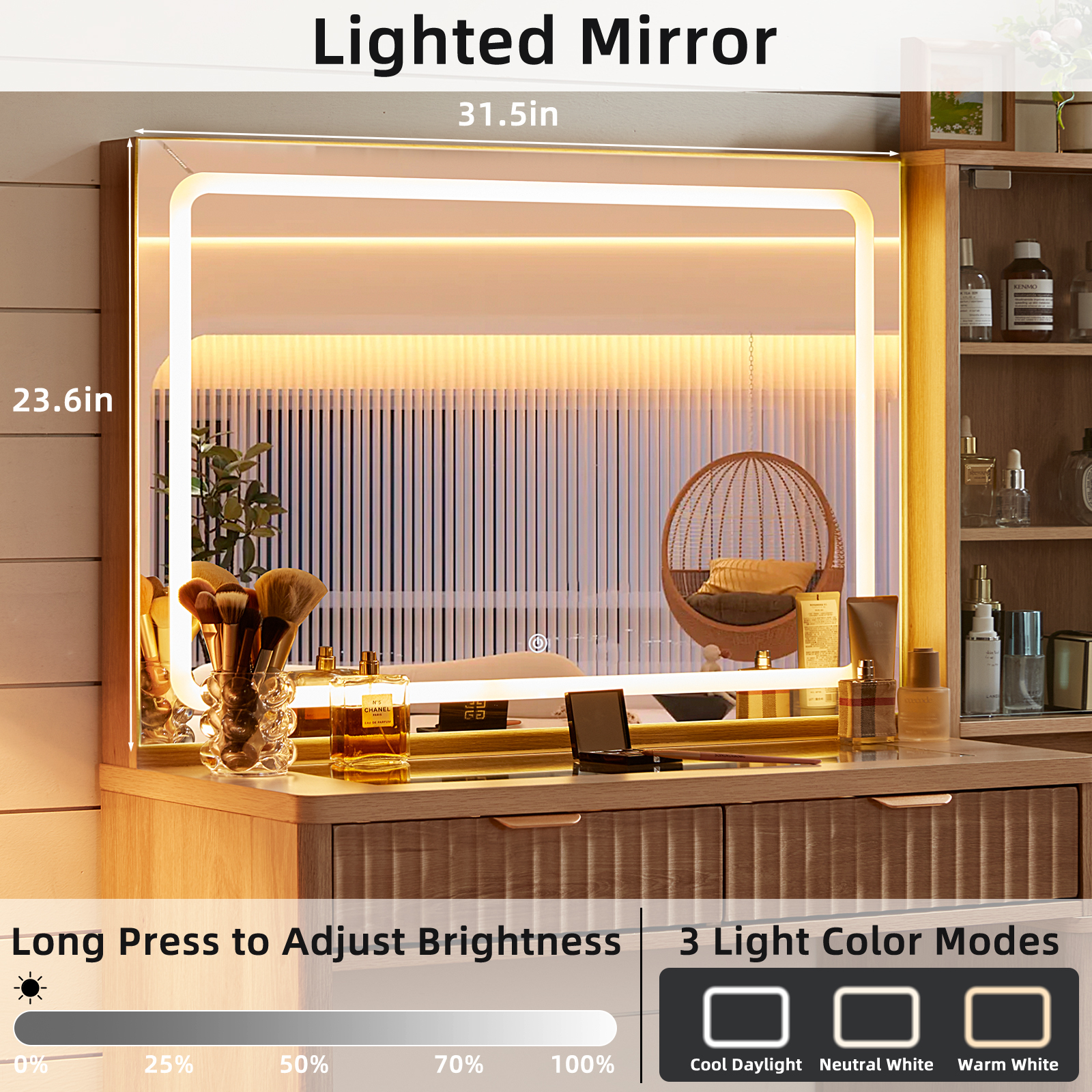 43.5" Fluted Vanity Desk with Mirror and Lights and Power Outlet, Makeup Vanity with Large Desktop & Drawers, Vanity Set with Stool for Bedroom, Natural Wood