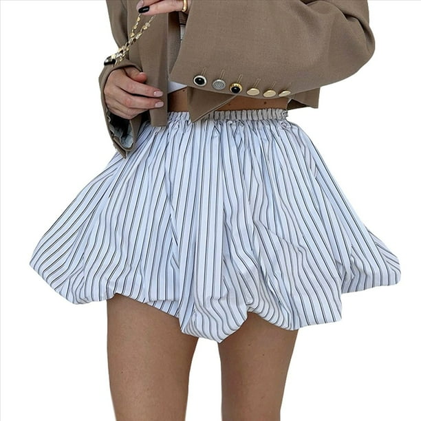Falda Acampanada con Cintura Elástica y Rayas para Mujer, Minifalda Abullonada, Color , Talla M
