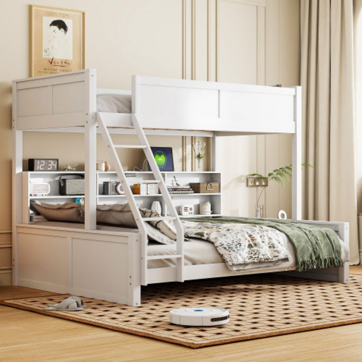 Twin XL Over Queen Bunk Bed with Storage Cabinets & USB Ports, Solid Wood Loft Bed with Guardrails, Space Saving Bed for Bedroom, Antique White
