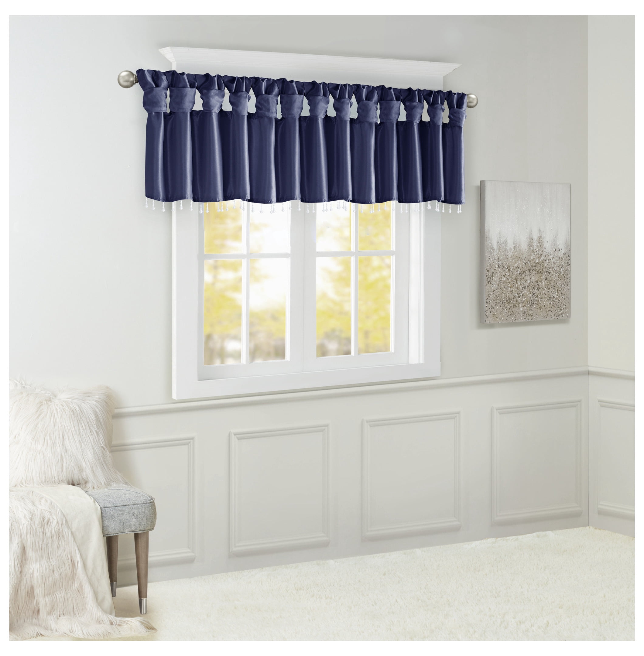 Lightweight Faux Silk Valance With Beads Navy 50x26"