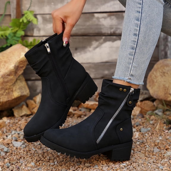 Viluyesy Mid Calf Boots for Womens, Chunky Heels Comfortable Side Zipper Trendy Slouchy Moto Boots Black US6.5