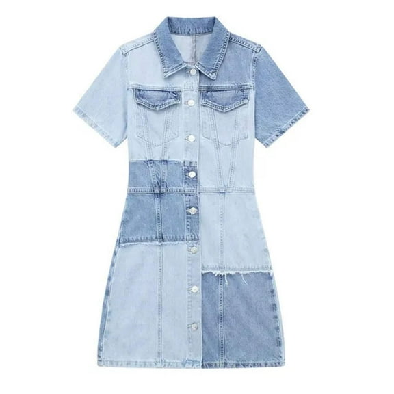 Blue Denim Patchwork Mini Dress Women Casual Short Sleeve Button Frayed Dresses For Women Summer Elegant Streetwear Dress