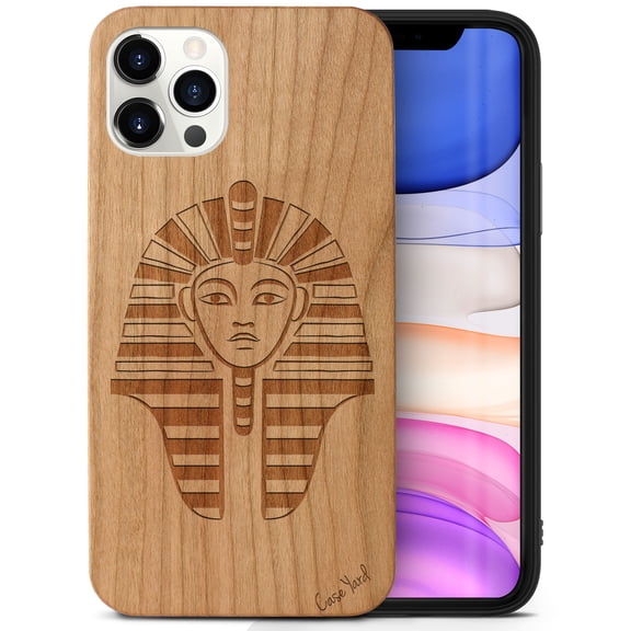 Case Yard Wooden Case Outside Soft TPU Silicone, Slim Fit Shockproof Wood Protective Phone Cover for Girls Boys Men and Women, Supports Wireless Charging Pharaoh Head Design case for iPhone-12/12-Pro