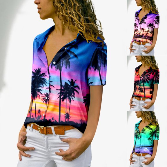 Womens Tops Dressy Casual Short Sleeve Fshion Casual Print Button Down Shirt Top Basic Cute Shirts L