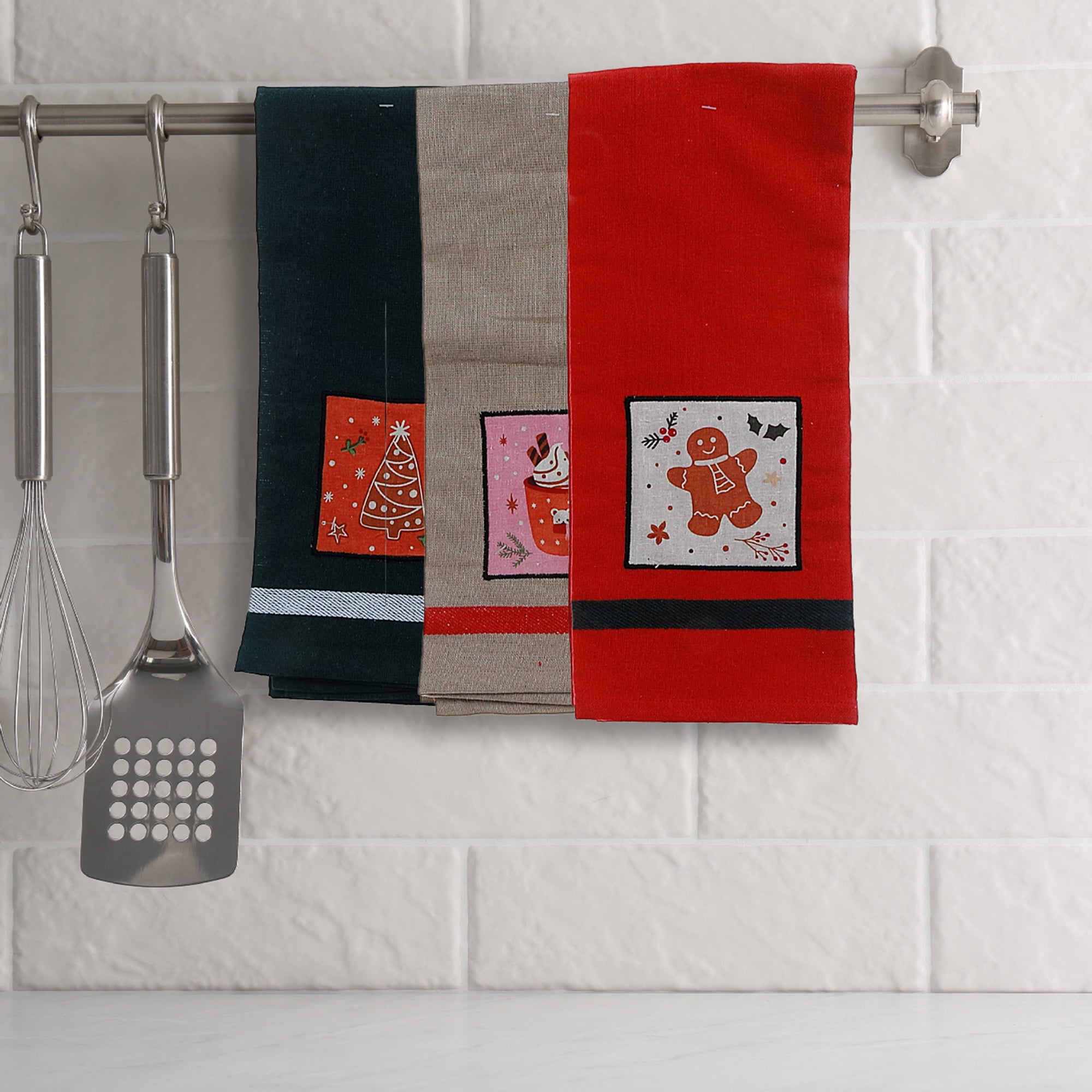 Serviette De Cuisine En Coton Uni Avec Imprimé De Noël Intégré (Assortiment) - Lot De 3