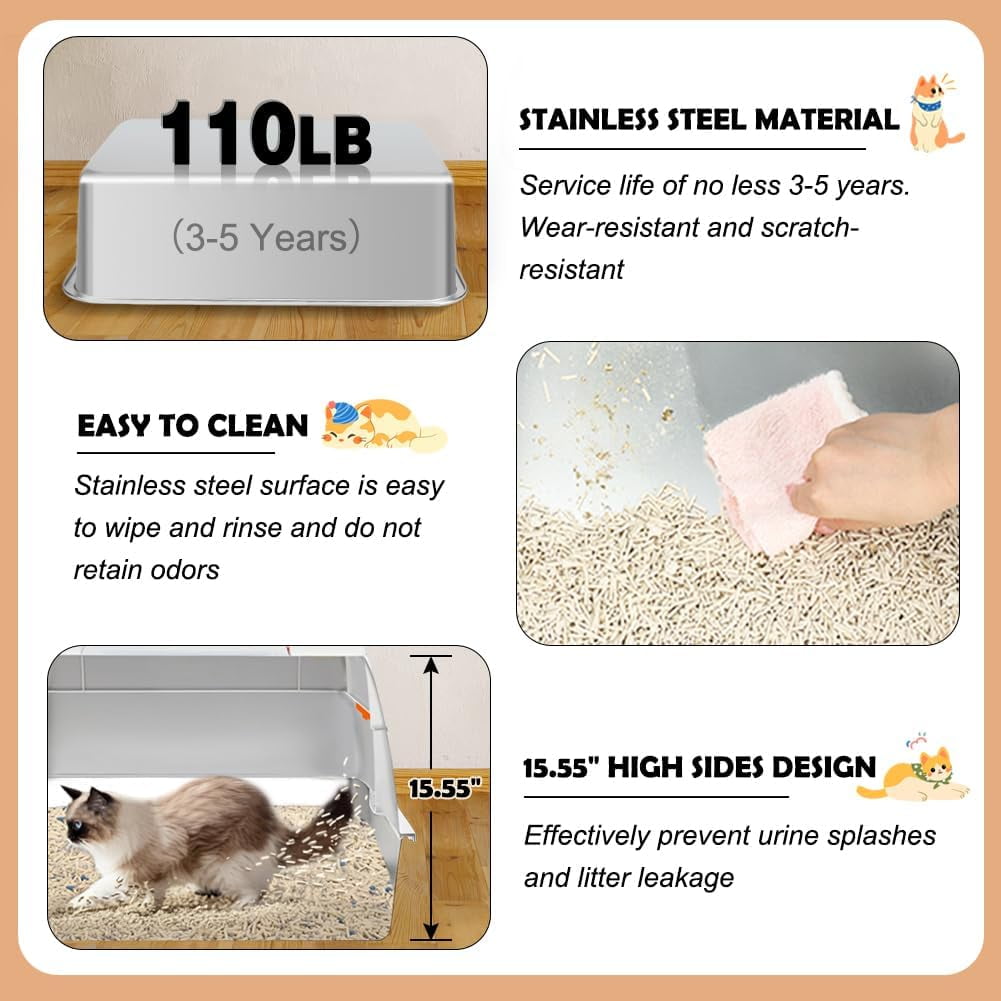 Stainless Steel Litter Box with Lid, XL Side Entry Extra Large Litter Box for Big Cats & Kitty, Removable Enclosed Metal Cat Pan with High Sided Enclosure, Scoop, Mat, Footboard (Beige)