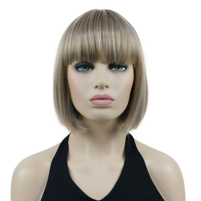 Peluca sintética Lydell de 20 cm, estilo bob corto, liso, con flequillo plano, parte superior de piel con puntos en el centro, resistente al calor (H16/613 rubio con reflejos)