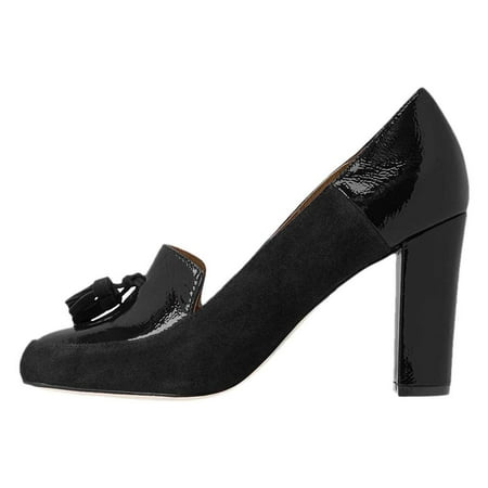 YDN Women Graceful Tassels Block Chunky High Heels Pumps Fringed Round Closed Toe Autumn Spring Dress Ladies Office Shoes Size 16 Black