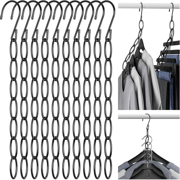 YMWVH Metal Clothing Chain Hangers 10-Pack | Space Saving Closet Organizer with Safety Caps | For Home, Office & Travel | Wrinkle-Reducing 7-Loop Retractable Design | Black