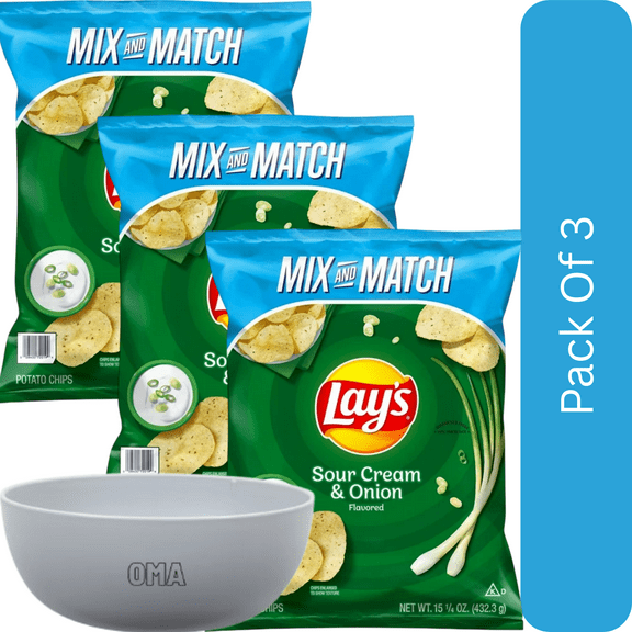 Lay’s Sour Cream & Onion Potato Chips, 15.25 oz-3pk, With Olive Green Bowl By OMA
