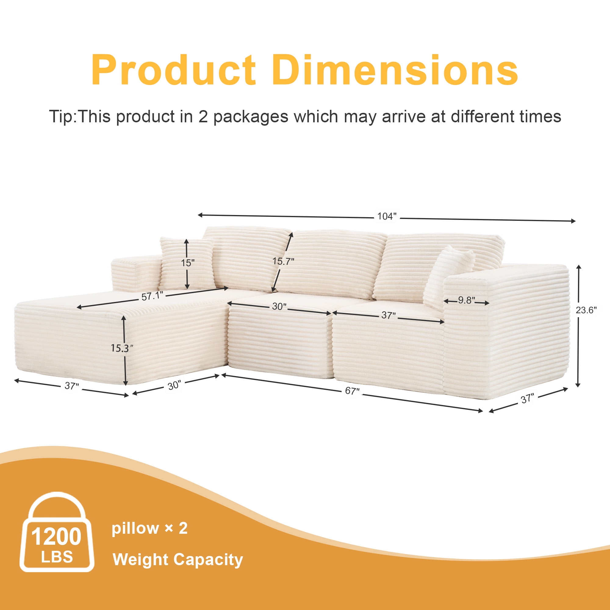 MAYEERTY 104" Cloud Sectional Sofa, Compressed Corduroy Modular Boneless Couch, No Assembly Required for Home Lounge,Beige