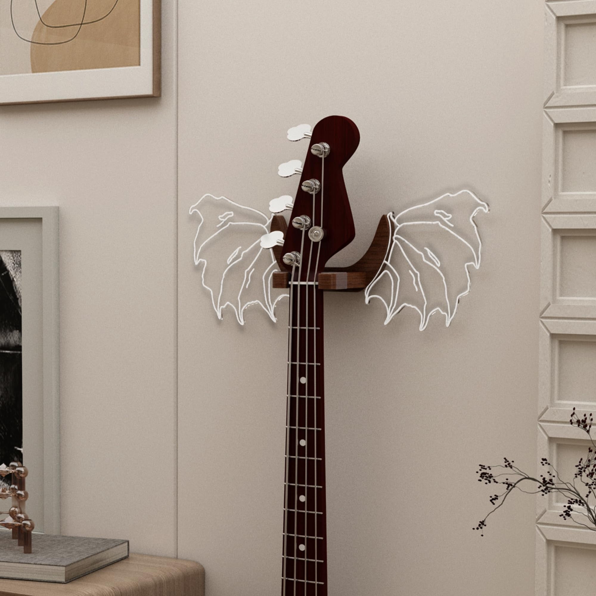 Guitar Stand Wall Mount With Luminous Devil Wings  Acrylic Wooden Hanger Shelf Usb Powered For Acoustic Electric Bass Ukulele Gift Music Lovers Players