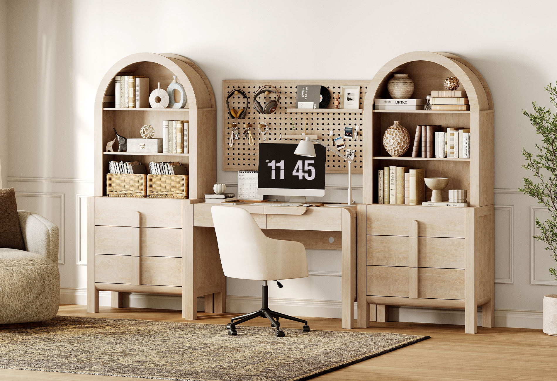 Home Office Set, 47" Modern Executive Desk with Charging Station and Drawers & 2 Piece 71"H Tall 3-Tier Arched Bookcases with Open Storage for Living Room, Bedroom, Home Office