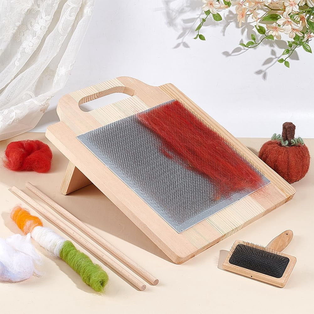 Wool Blending Board Carding Brush Set 14.2x12.5x6.2inch Fiber Blending Board with 1pcs Wool Brush 2pcs Wood Craft Sticks for Mix Colors Organize Wool Fibers