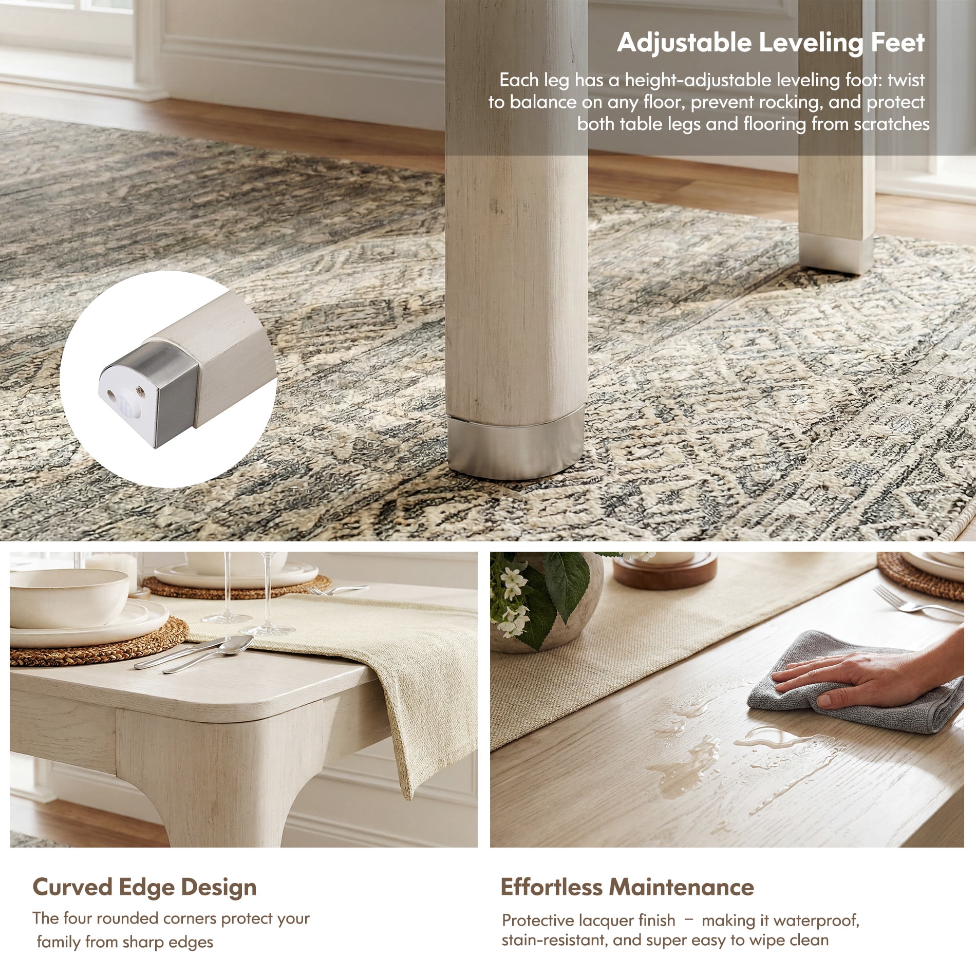 Rectangular Wooden Dining Table for 4-6, Modern Kitchen Table with Solid Wood Legs, White Oak, 66" W