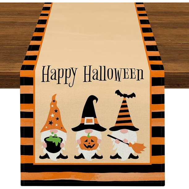 Camino de mesa de gnomo de Halloween con rayas naranjas y bruja, caminos de mesa de 89.8 in de largo para cocina, mesa de comedor, decoración de vacaciones, boda, fiesta, decoración interior y ex