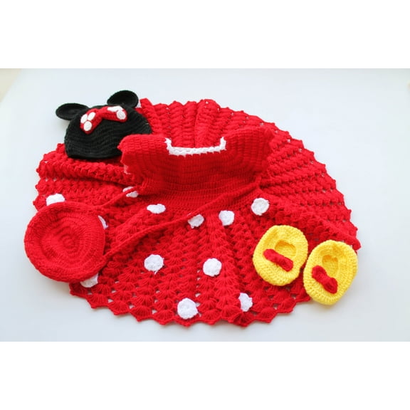 Woonie Sleeveless Flower Knit Handmade Dress With Cap & Sling Bag With Booties-Red