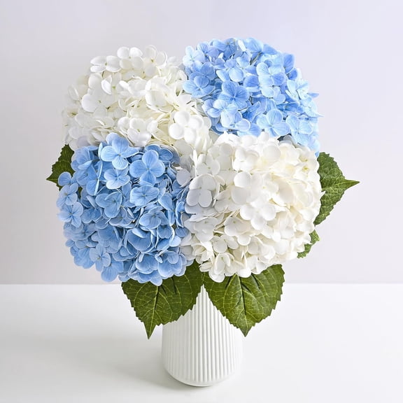KUNPENG 4Pcs 21in Hydrangea Artificial Flowers, Latex Real Touch Hydrangeas Lifelike Large Hydrangea Flowers for Home Decor Party Arrangements Wedding Bouquets Centerpieces (2 White & 2 Blue)