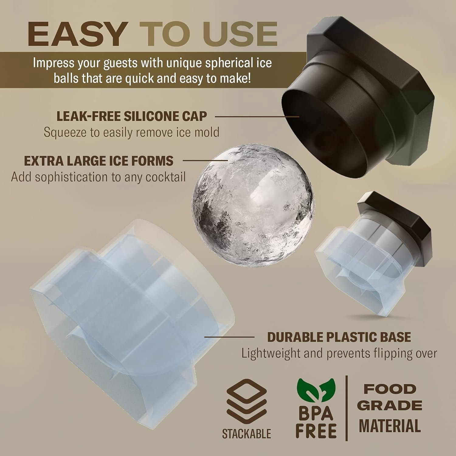 Silicone Freezer Press Sphere Ice Ball Maker Mold, 3 Pack for Large Round Craft Whisky Ice Balls - Bourbon, Scotch, Old Fashioned, Cocktail Drinks - by
