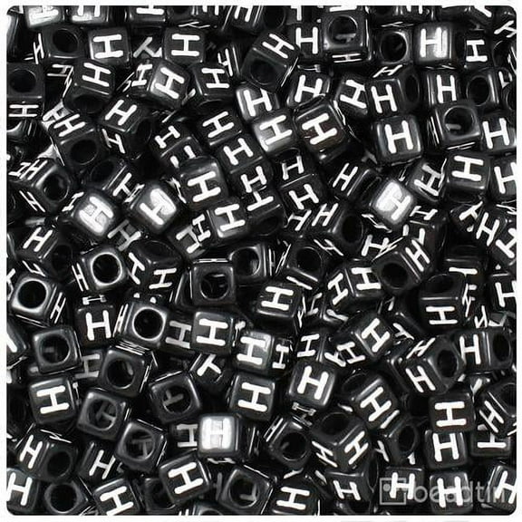 BeadTin Black Opaque 6mm Cube Alpha Beads - White Letter H (80pcs)