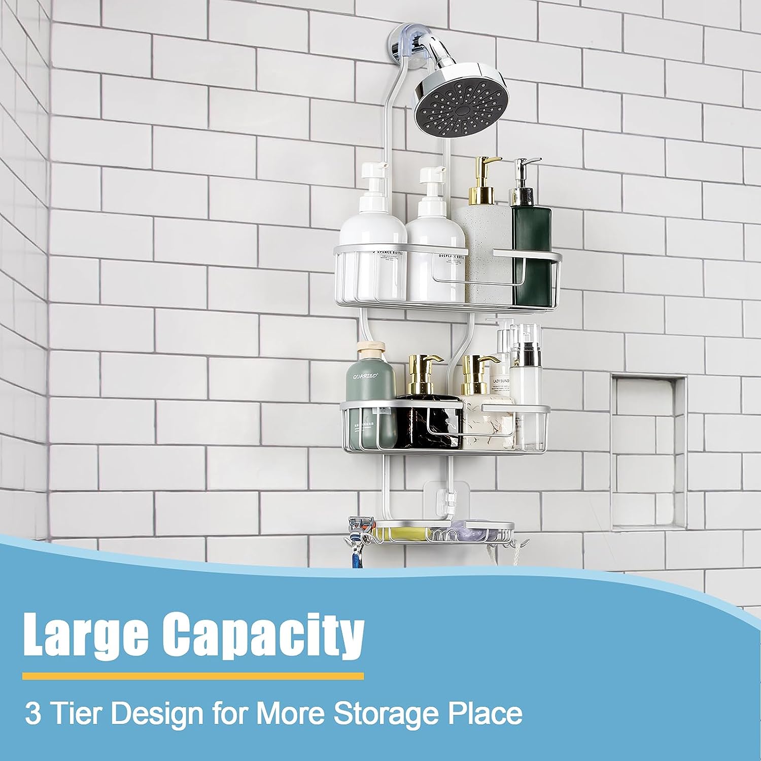 Over Shower Head Shower Caddy 3 Tier Hanging Organizer with Soap Holder and Hooks, Silver