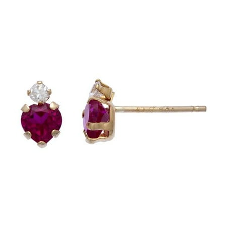 .714 Carat T.G.W. Ruby and CZ 10kt Yellow Gold Heart Post Earrings
