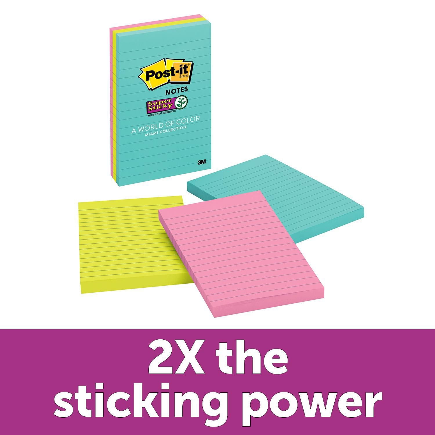 Feuillets super collants Post-it®, collection Miami, ligné, 10 cm x 15 cm (4 po x 6 po), 90 feuillets/bloc, 3 blocs/emballage Feuillets SC Post-it®, Miami