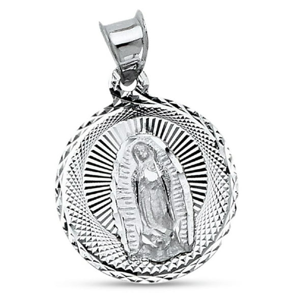 Lady Guadalupe Coin Pendant 14k White Gold Round Virgin Mary Charm Christian Solid 16 x 16 mm
