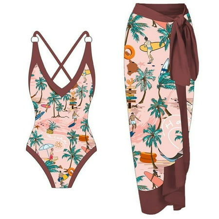 ZQGJB Women s Two Piece Swimsuit with Bikini Maxi Wrap Skirt Sarong 3 Piece Retro Floral Print Ruffled Swimwear Bikini Set Tummy Control Tankini Bathing Suit(Khaki M)
