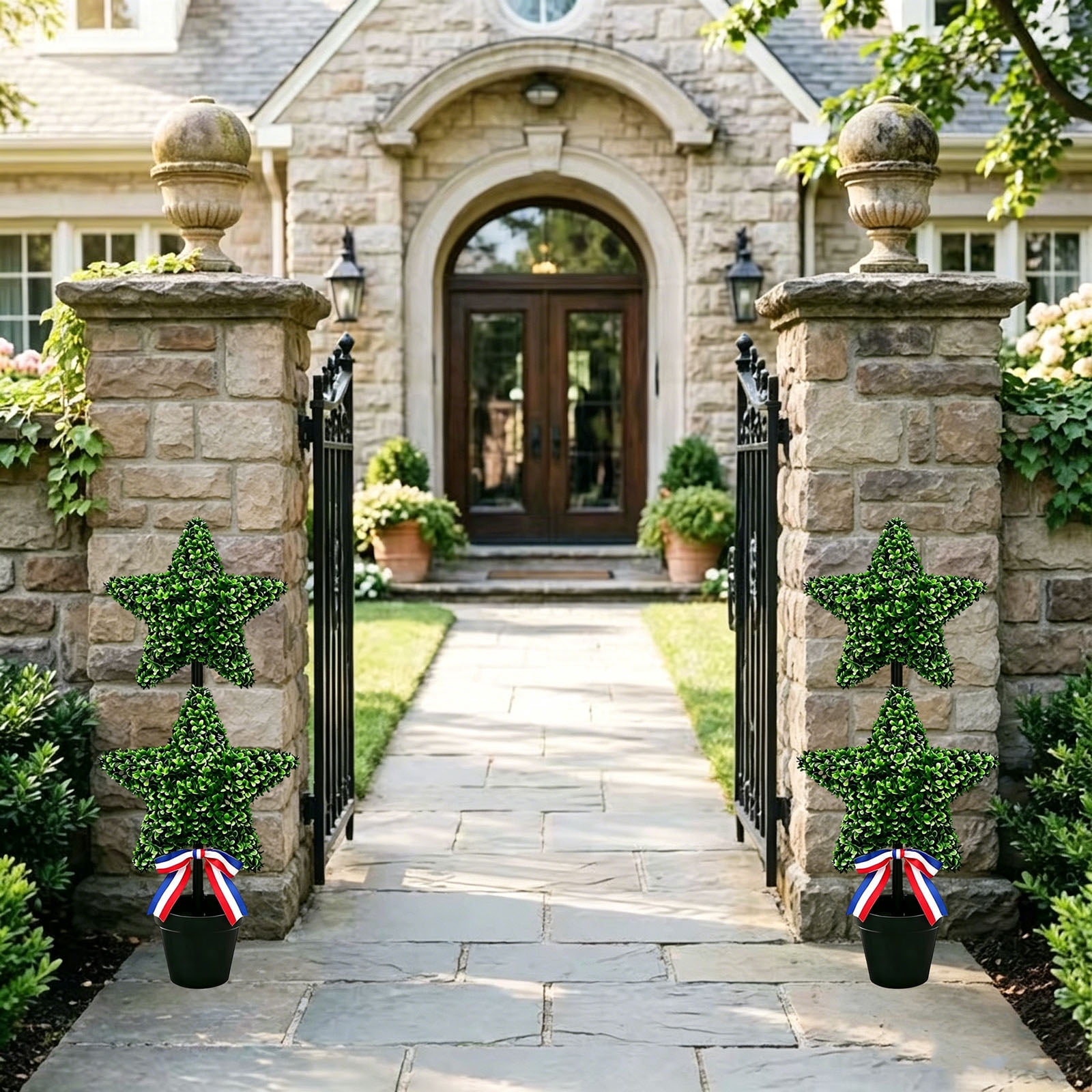 NANIL Patriotic Star Artificial Topiary Tree 35.5", Independence Day 4th of July Potted Plant with Red White Blue Bow, 250th Anniversary Merchandise Fake Greenery for Front Porch Outdoor Decor