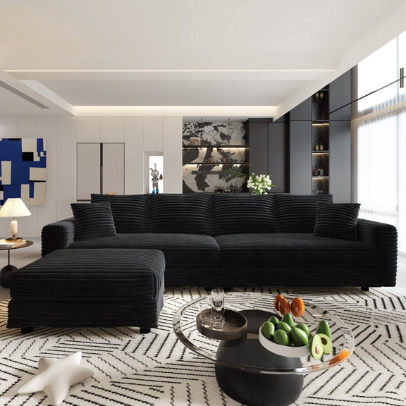 CARZZI LIFE 102.4'' Oversized Corduroy Couch, Modular Sectional Sofa with Ottoman, Upholstered 4 Deep Seat L Shape Sofa, Convertible Cloud Couches with Chaise Lounge for Living Room, Apartment, Black