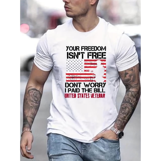Camiseta con estampado de la bandera estadounidense para hombre, ideal para verano y actividades al aire libre. Estampado informal con la letra "Veterano", cuello redondo ligeramente elástico, manga c