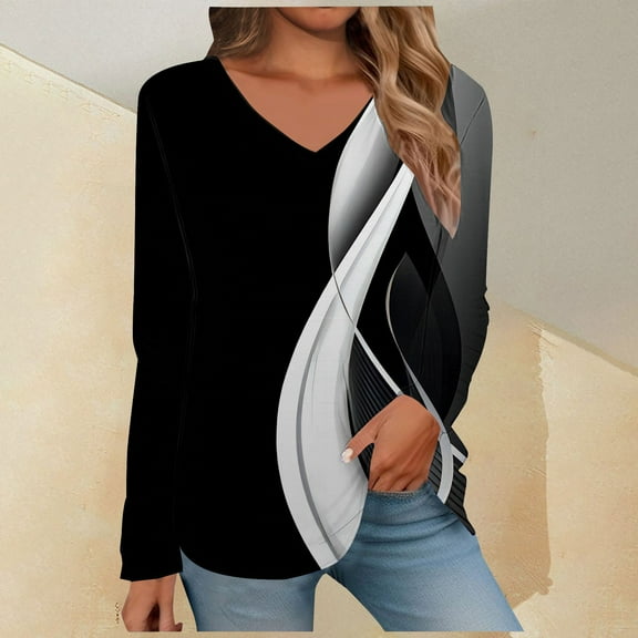 Pink Young Adult Tops Women's Spring/Summer Printed V Neck T Shirt Base Top Long Sleeve T Shirt Plus Size Tops for Women