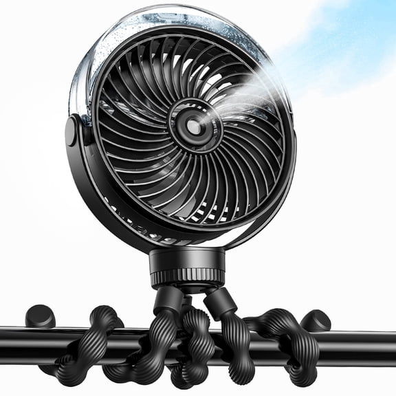 SWEETFULL Portable Misting Stroller Fan,Spray Cooling 4 Speeds, Quiet Rechargeable Fans for Travel, Outdoor, Golf Cart, Car Seat, Beach (Black)
