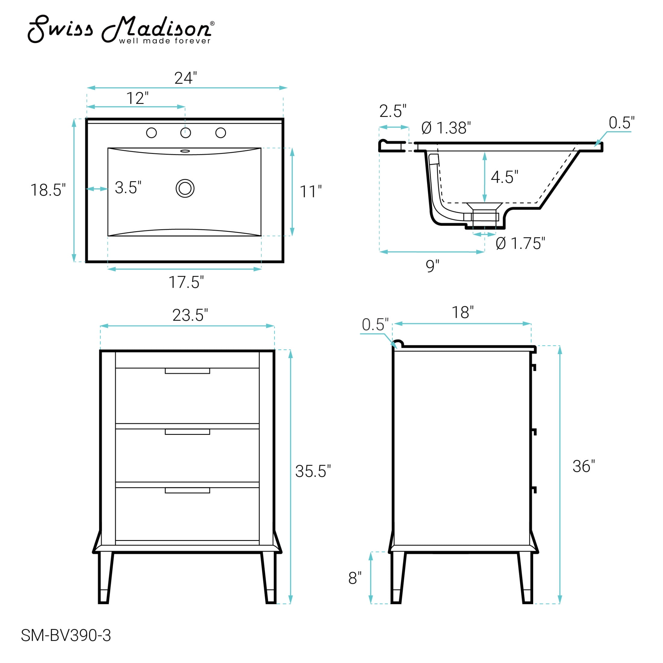Hugo 24 in. Brown Oak Bathroom Vanity With White, 3-Hole Ceramic Sink Top