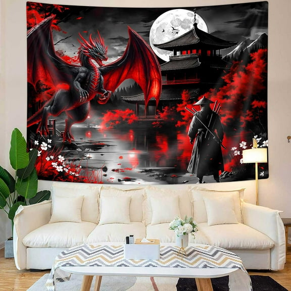Black Red Japanese Anime Samurai Tapestry, Cool Medieval Fantasy Dragon Tapestry Wall Hanging for Bedroom, Dark Nature Mountain Forest Sunset Asia Tapestries for Living Room College Dorm