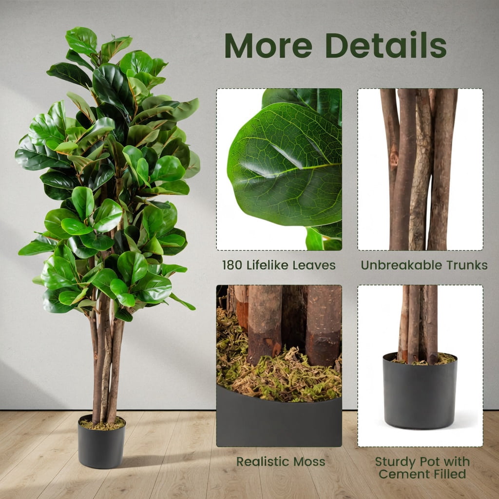 Barara King 5 Feet Artificial Plant with Realistic Green Leaves, Tall Fake Plant, Indoor Home Décor, Artificial Fiddle Leaf Fig Tree Decorative Planter