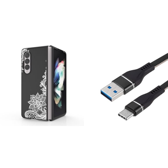 Accessory Bundle for Galaxy Z Fold 4: Slim Snap-On Case (Henna Flower), Nylon Braided USB-C to USB-A Cable (3 Feet)