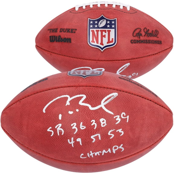Tom Brady New England Patriots Autographed Duke Full Color Football with "SB XXXVI, XXXVIII, XXXIX, XLIX, LI, LIII Champ" Inscription - Fanatics Authentic Certified