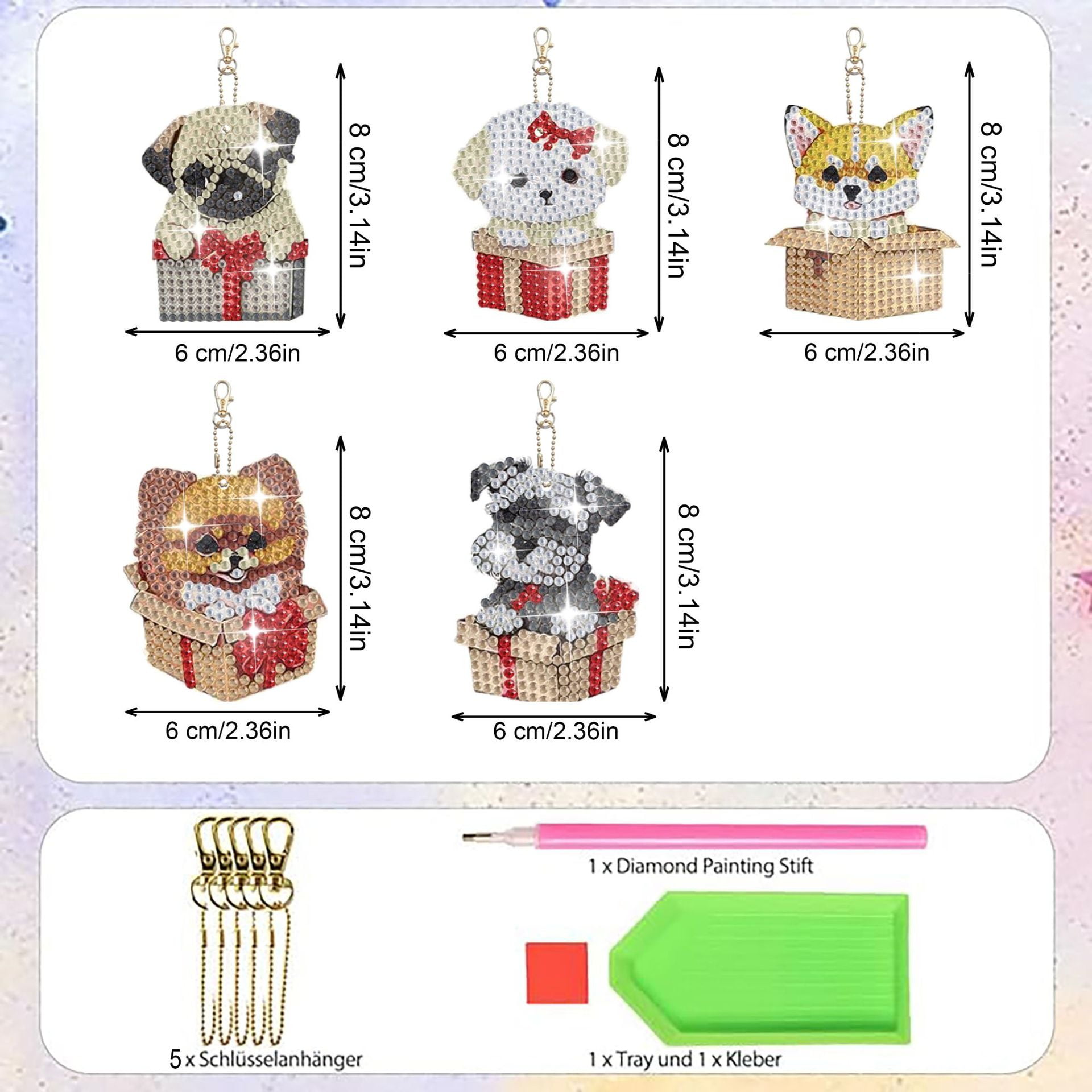 5pcs 5D dog diamond painting keychain kit, double-sided diamond art keychain, DIY handmade crafts, DIY for children and adult beginners, keys, mobile phones, backpack accessories