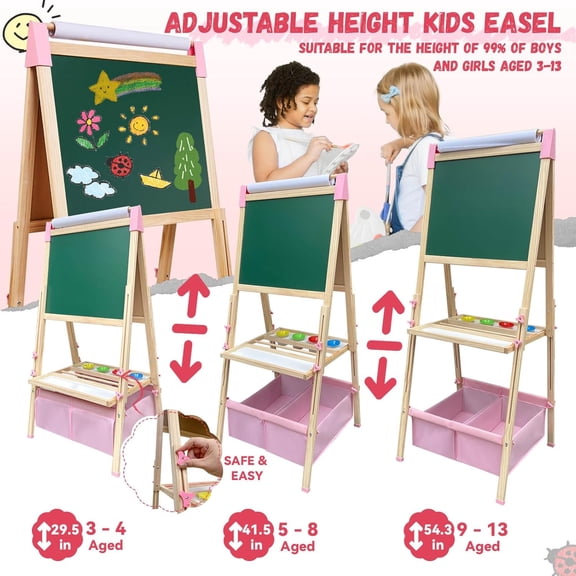 Easel for Kids,Adjustable Wooden Art Easel for Kids,119  Art Supplies,Double Sided Magnetic Chalkboard and White Board Whit Storage Basket,Drawing and Painting for Aged 2-4,5-7,8-12,2 Paper Rolls