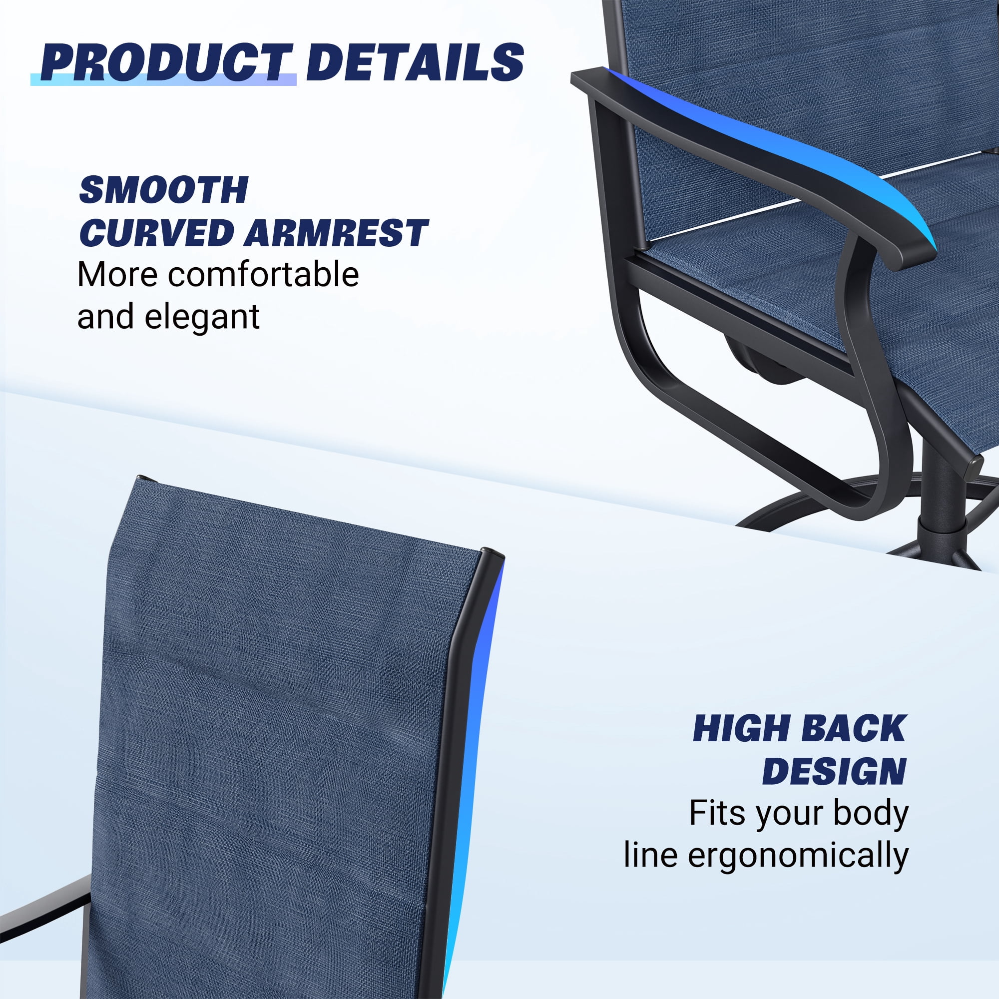 Techmilly Patio Swivel Chairs Set of 2, Outdoor Dining Chairs High Back Padded All Weather Breathable Textilene Outdoor Swivel Chairs with Metal Rocking Frame for Lawn Garden Backyard Deck, Navy Blue