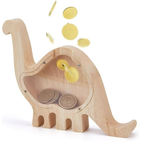 Wood Wooden Dinosaur Piggy Bank Cute Dino Coin Bank Animal Money Box Cash Jar with Clear Acrylic Board Saving Banks PapayaWhip Cartoon Banks for Adults Women Men Wood