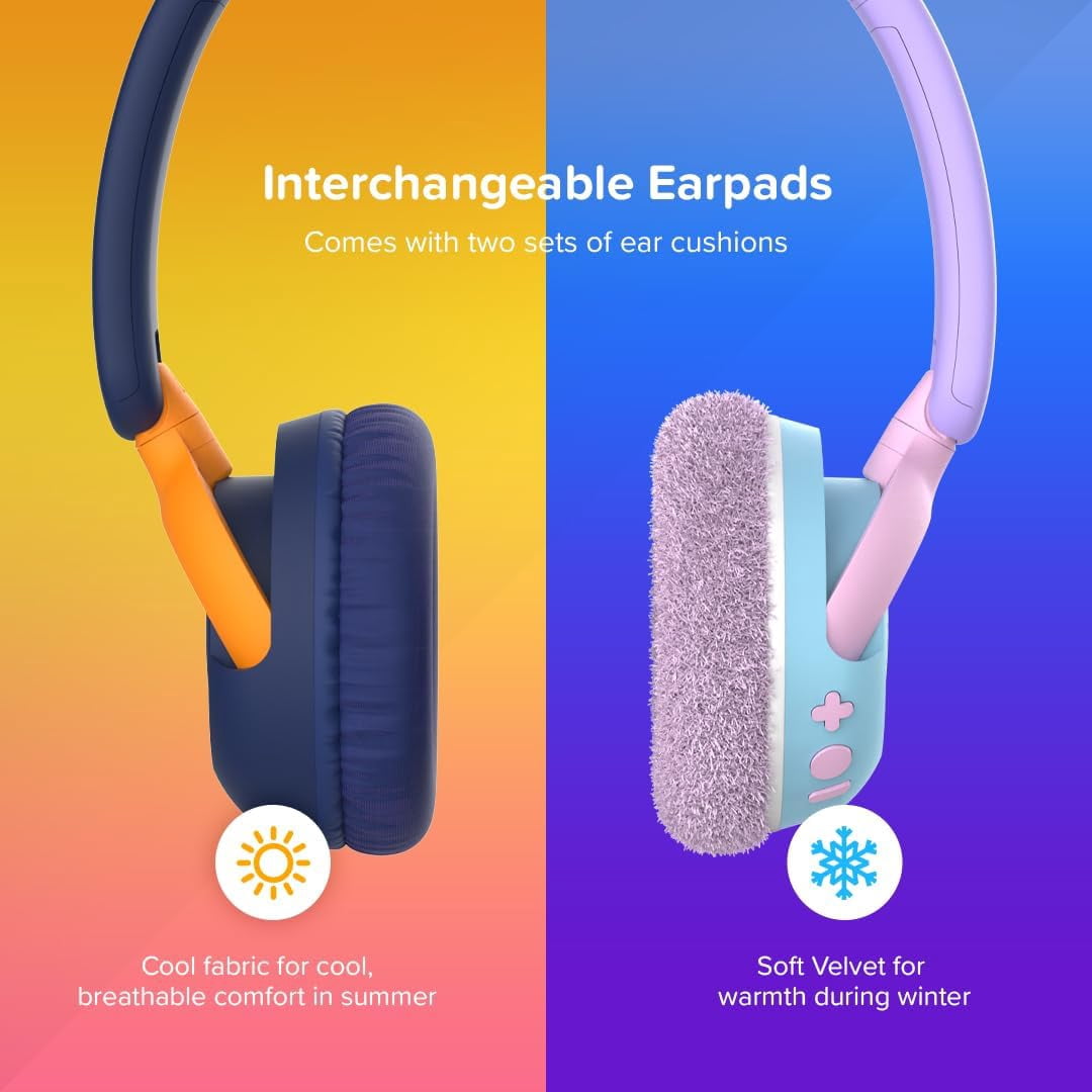myFirst CareBuds Max Kids Wireless Headphones with Mic, Smart Volume Limit, 52H Playtime, Fast Charging, Interchangeable EarPads (Blueberry Pop)