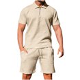 thumbnail image 2 of Men's Solid Color Fashion Casual Jacquard Textured Shorts Half Zip Short Sleeved Collar Shirt 2 Piece Sets for Men, 2 of 7