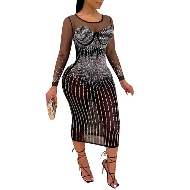 Vestido PORRCEY Hot Drilling Craft, sexy, manga larga, negro