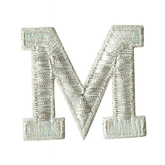 Alphabet Letter - M - Color Silver - 2" Block Style - Iron On Embroidered Applique Patch