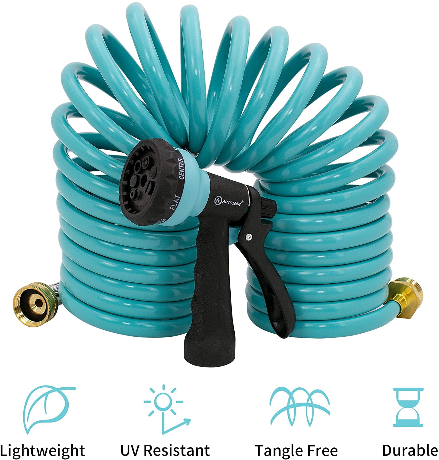 AUTOMAN EVA Recoil Garden Hose 25ft - Includes 7 Pattern Spray Nozzle, Corrosion Resistant Garden Coil Hose. Turquoise