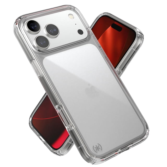 funda de teléfono speck presidio perfect clear para iphone 17 pro max Clear/Clear/Silver, 3/4 frontal y posterior: funda transparente rígida con bordes acolchados, recorte para triple cámara y bisel elevado que protege la pantalla; acabado Perfect-Clear que resiste decoloración y arañazos, protección contra caídas hasta 13 pies y compatible con carga inalámbrica; también suele usarse para mantener el dispositivo visible durante viajes.